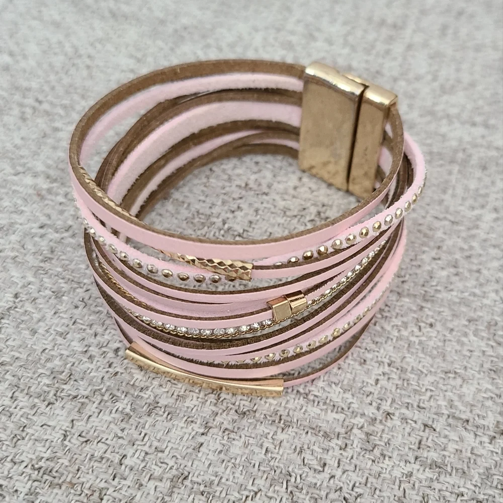 Bracelet leather pink gold and rhinestone